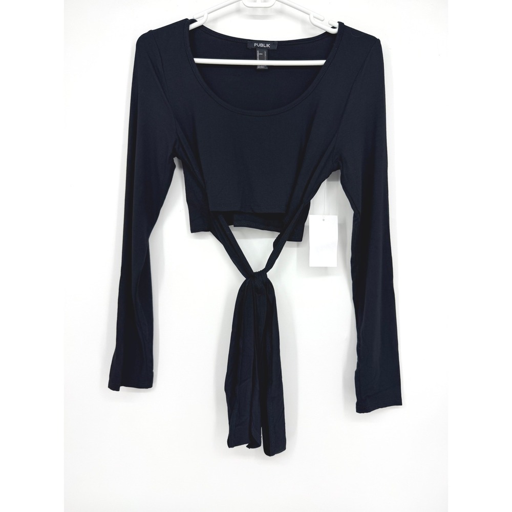 PUBLIK Womens Black Long Sleeve Tie Front Crop Top Scoop Neck Size L NEW